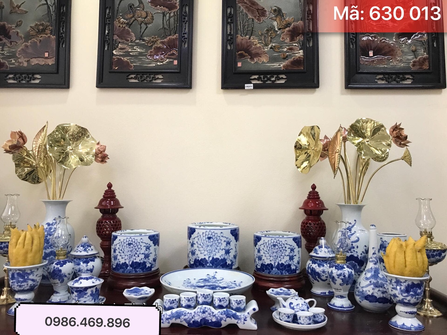 bo do tho day du gom su bat trang ve hoa van xanh lam truyen thong, gom tinh van cao cap, ma 630013