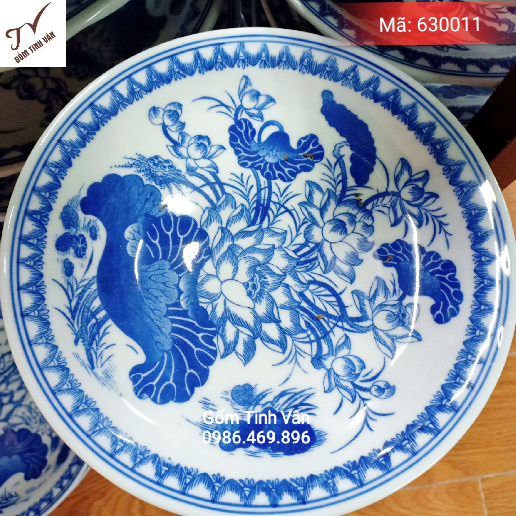 Mâm ngũ quả, đĩa trái cây trên ban thờ, mã 630011, đk 16 cm, Gốm sứ Bát Tràng-Tinh Vân, vẽ hoa sen