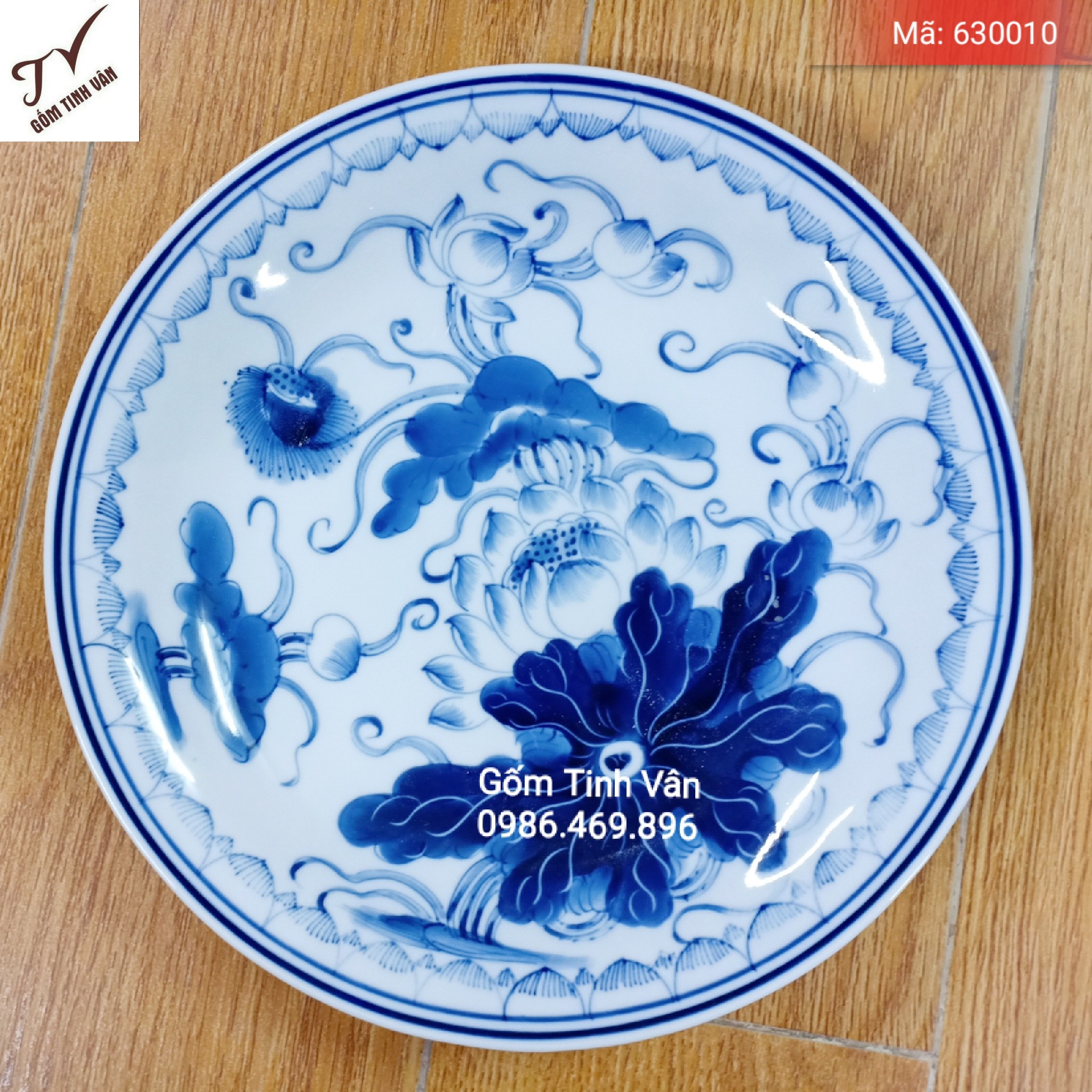 Mâm ngũ quả, đĩa trái cây trên ban thờ, mã 630010, đk 16 cm, Gốm sứ Bát Tràng-Tinh Vân, vẽ tay hoa sen