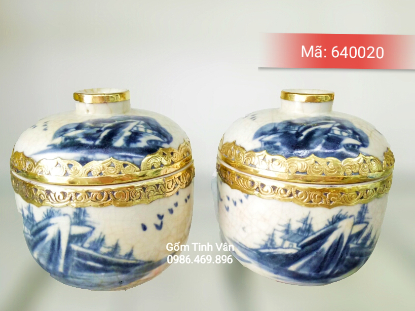 Bát nước có nắp, bát cơm cúng, trạm khắc đồng vẽ cảnh sơn thủy hữu tình men xanh lam, Mã 640020, gốm sứ Bát Tràng-Tinh Vân