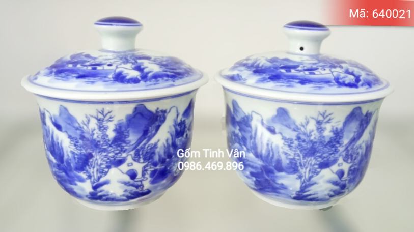 Bát nước, bát cơm cúng miệng loe vẽ tay cảnh sơn thủy hữu tình men xanh lam, cao 12 cm , dk 12 cm, Mã 640021, Gốm Sứ Bát Tràng, Tinh Vân