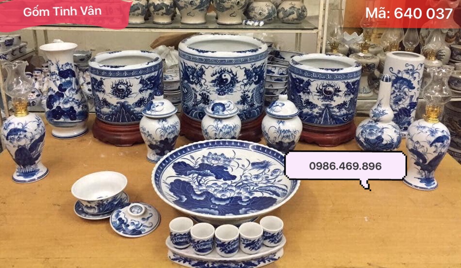 bo do tho cung gom su day du, ma 640037, men xanh lam ve rong va hoa sen, gom su bat trang tinh van