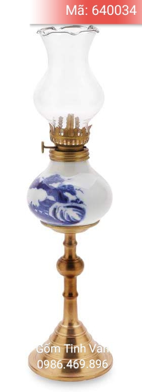 den dau chan dong, men bong, hoa van xanh lam ve truc lam that hien, ma 640034, cao 30 cm, gom su bat trang tinh van