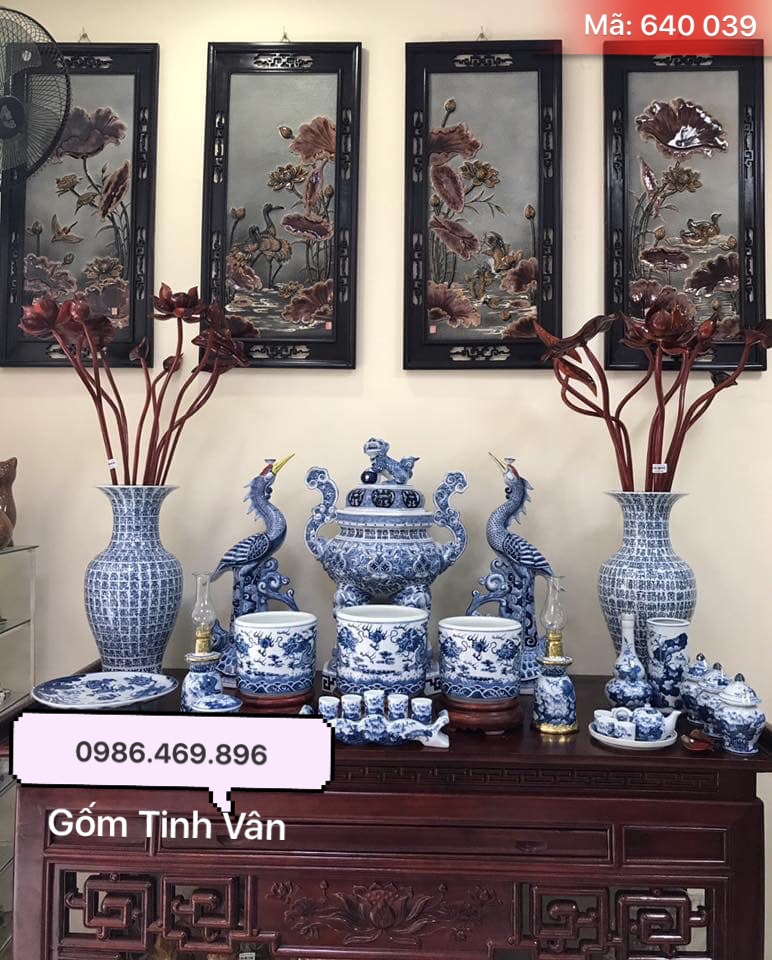 do tho cung gom su bat trang men xanh lam ve rong tron, gom tinh van cao cap, ma 640039