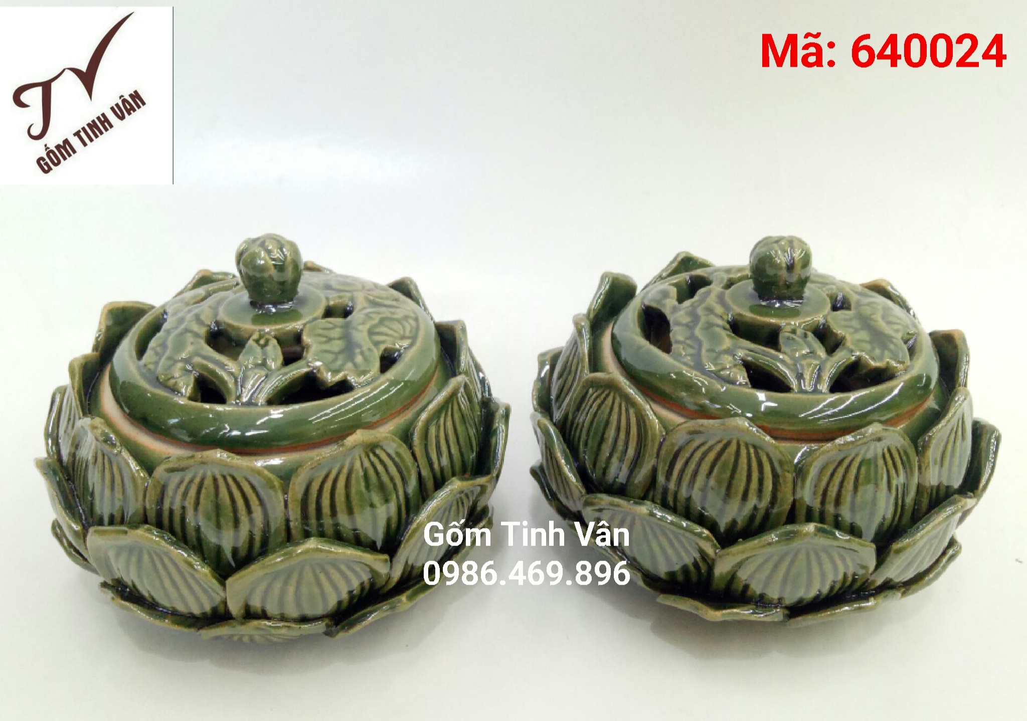Bếp đốt trầm hương, Mã sp 640024, kích thước dk 12 cm cao 7 cm, gốm sứ Bát Tràng cao cấp, men xanh lục cổ, kiểu dáng đài sen, điêu khắc nghệ thuật