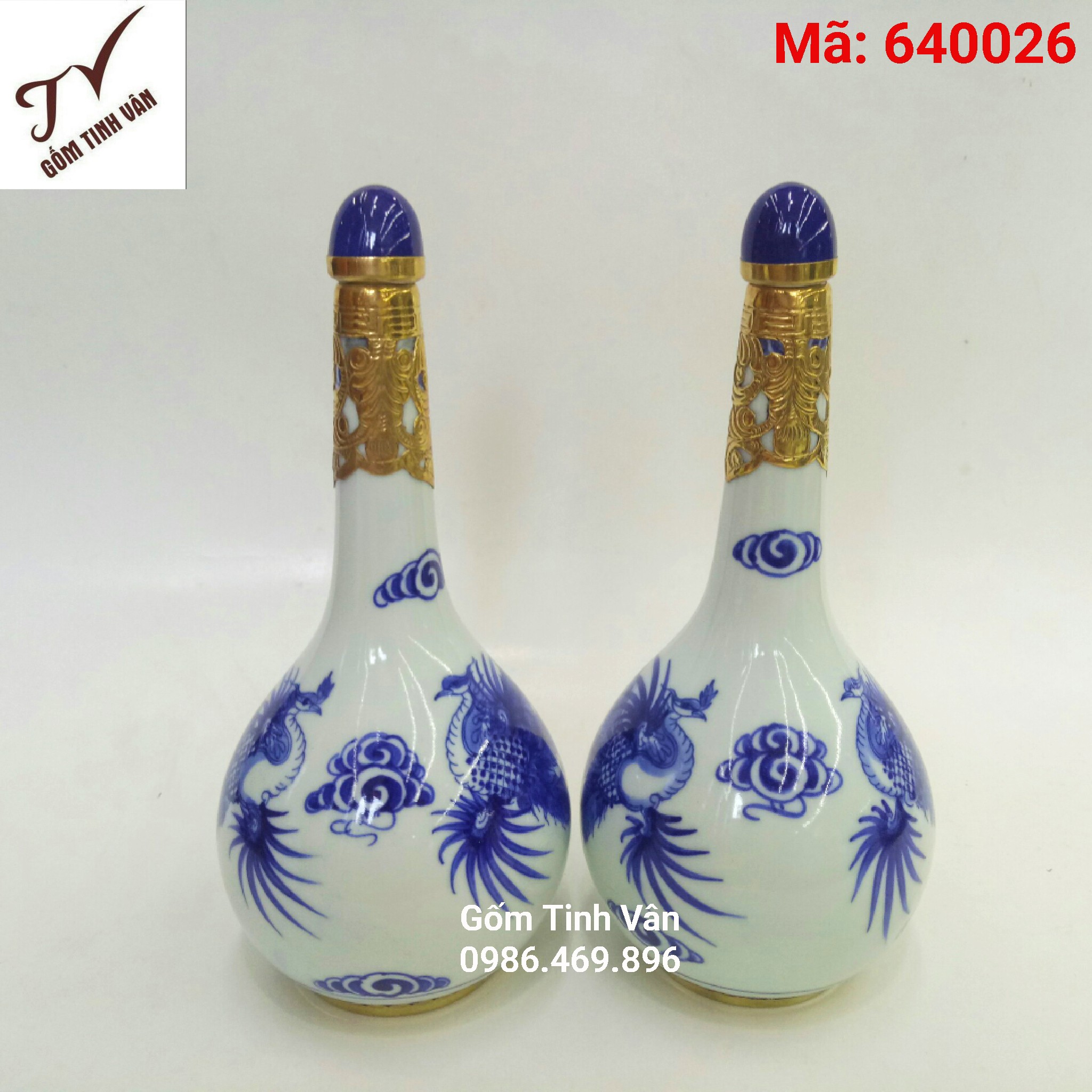 Nậm rượu bọc đồng, men xanh lam, mã 640026, cao 23 cm, hoa văn vẽ tay rồng phượng, gốm sứ Bát Tràng-Tinh Vân