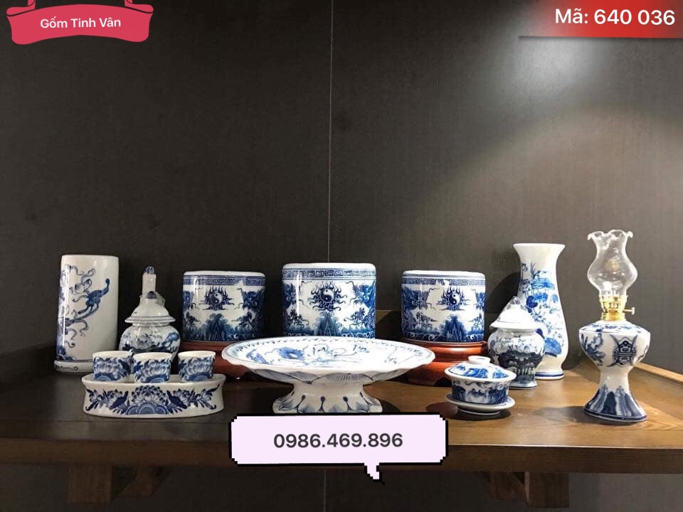 tron bo do tho cung men xanh lam ve rong tron, ma 640036, gom su bat trang tinh van cao cap