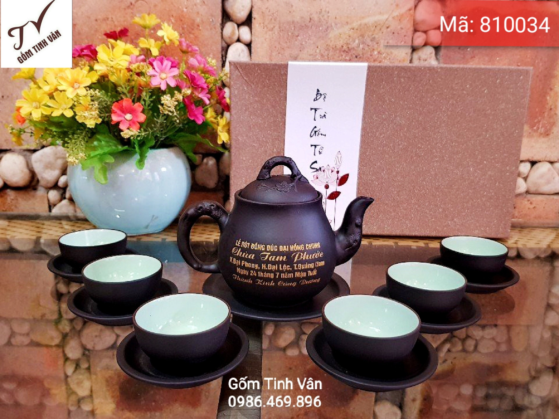 Bộ bình trà, ấm chén gốm tử sa in logo, in chữ làm quà tặng, gốm sứ Bát Tràng-Tinh Vân cao cấp, Mã 810034