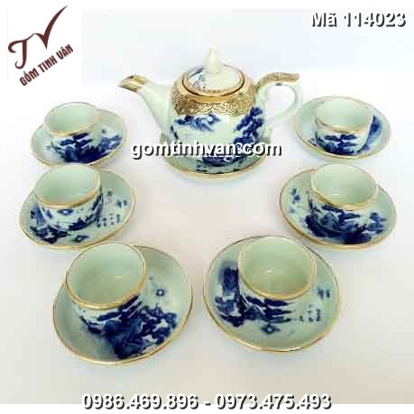 Bộ ấm trà quả bưởi bọc đồng men lam cổ