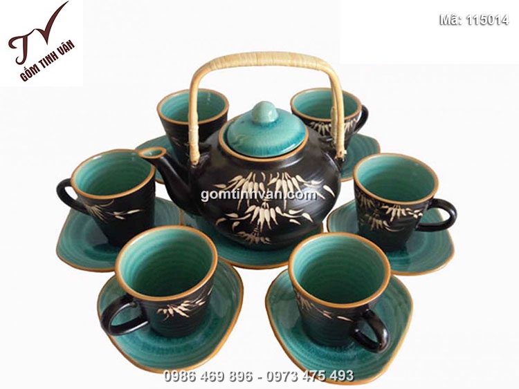Bộ ấm chén thủy tinh khắc trúc - 115014