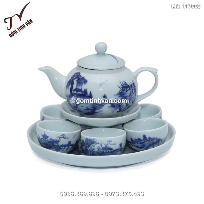 Bộ ấm chén - màu trắng xanh - men lam cổ - 117002