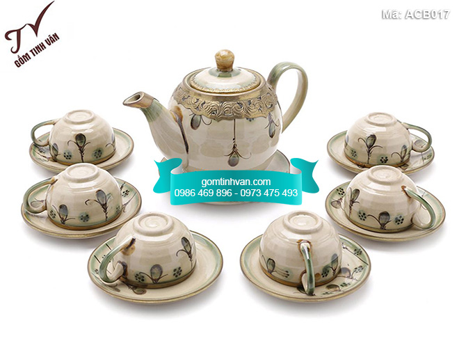 Bộ ấm chén men bóng bọc đồng vẽ hoa dây - ACB017