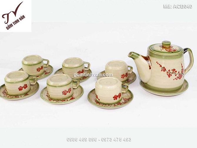 Bộ ấm chén men bóng cốc thấp vẽ hoa đào đỏ - ACB040