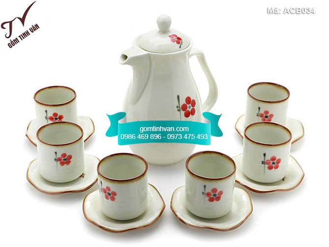 Bộ ấm chén men bóng dáng dài vẽ đào đỏ - ACB034