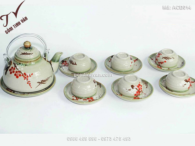 Bộ ấm chén men bóng dáng chóp vẽ hoa đào đỏ - ACB014