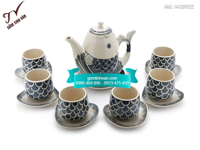 Bộ ấm chén men bóng hình cá dáng cao - ACB022