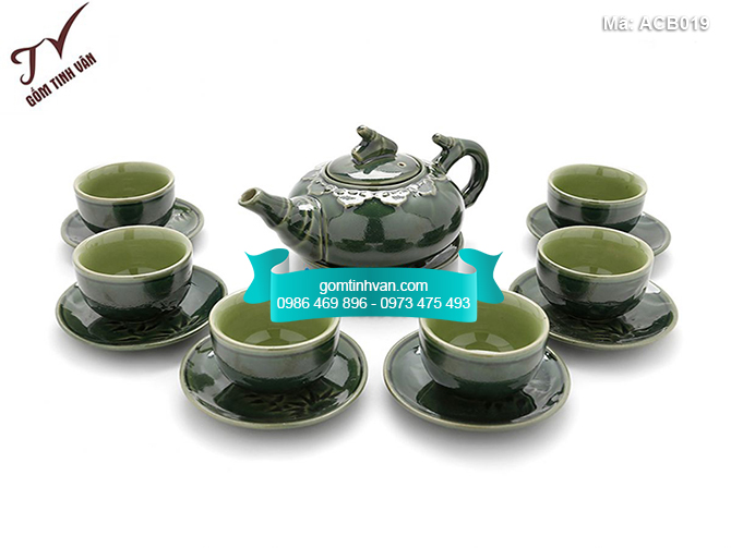 Bộ ấm chén men bóng hoa văn xanh đồng - ACB019