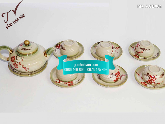 Bộ ấm chén men bóng kiểu nhật vẽ hoa đào - ACB004