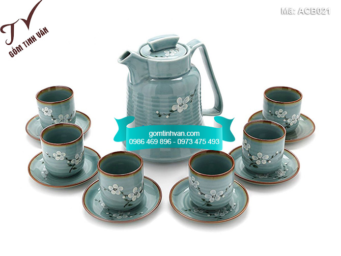 Bộ ấm chén men bóng dáng dài vẽ hoa đào trắng - ACB021