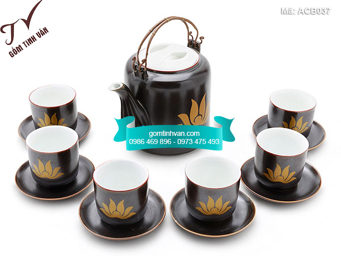 Bộ ấm chén men bóng nâu đen vẽ sen - ACB037