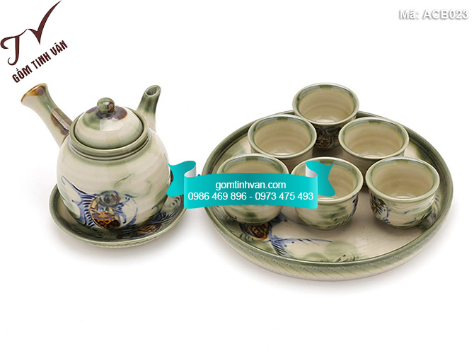 Bộ ấm chén men bóng quai chuôi nhỏ vẽ cá - ACB023