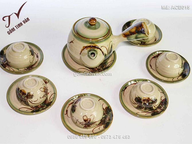 Bộ ấm chén men bóng quai chuôi vẽ chuồn chuồn - ACB015