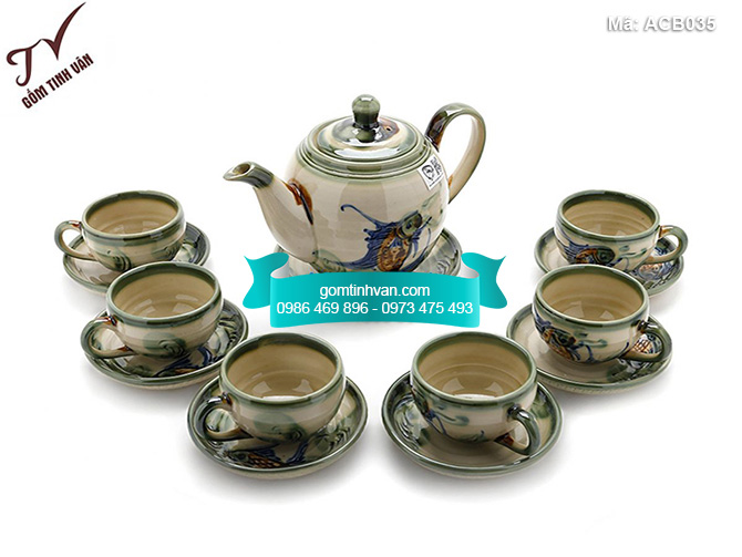 Bộ ấm chén men bóng quai gốm vẽ cá - ACB035
