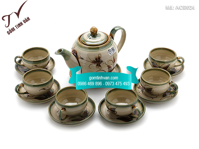 Bộ ấm chén men bóng dáng bầu vẽ chuồn chuồn - ACB024
