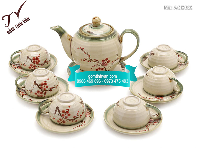 Bộ ấm chén men bóng quai gốm vẽ hoa đào - ACB029