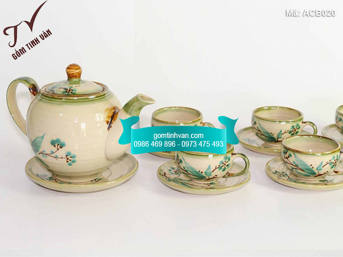 Bộ ấm chén men bóng quai gốm vẽ hoa văn - ACB020