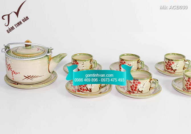 Bộ ấm chén men bóng quai nhôm vẽ hoa đào - ACB030
