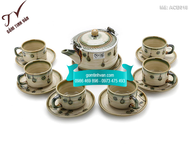 Bộ ấm chén men bóng quai nhôm vẽ hoa dây - ACB018