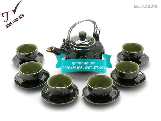 Bộ ấm chén men bóng xanh quai nhôm - ACB016