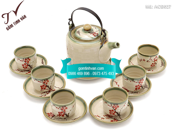 Bộ ấm chén men bóng dáng bầu dài quai đồng vẽ hoa đào - ACB027
