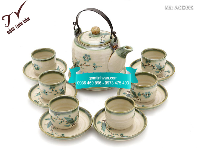 Bộ ấm chén men bóng vại quai đồng vẽ trúc và hoa đào - ACB009