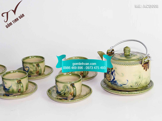 Bộ ấm chén men bóng vại vẽ cá - ACB008