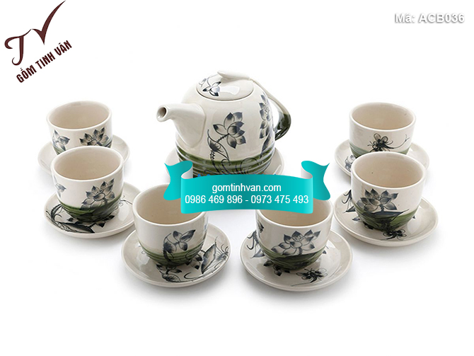 Bộ ấm chén men bóng vẽ đầm sen - ACB036