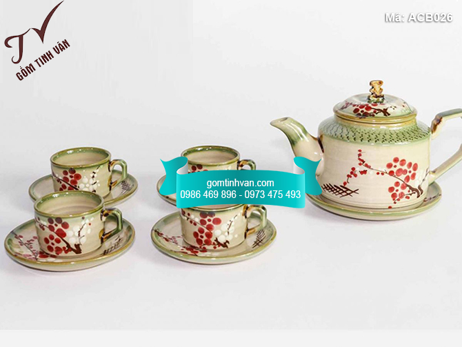 Bộ ấm chén men bóng vẽ đào quai gốm cốc vuông - ACB026
