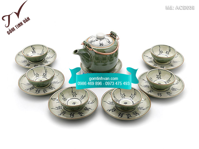 Bộ ấm chén men bóng màu xanh dáng bầu - ACB038