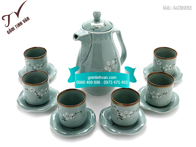 Bộ ấm chén men bóng xanh lam vẽ hoa đào trắng - ACB032