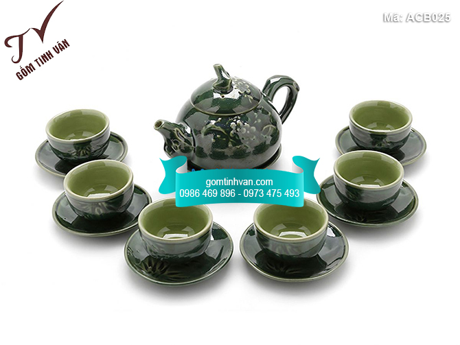Bộ ấm chén men bóng xanh vá đào - ACB025