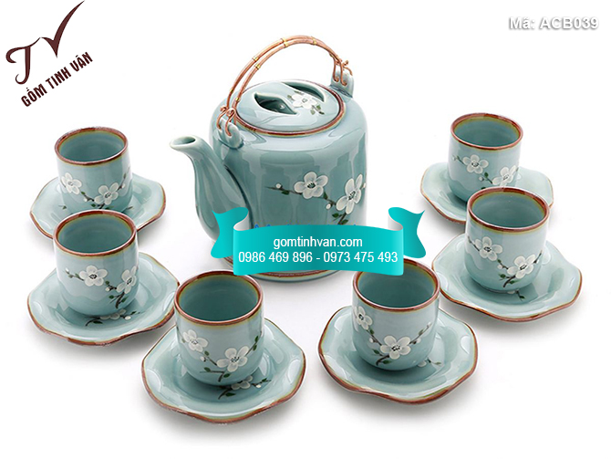 Bộ ấm chén men bóng màu xanh lam vẽ hoa đào trắng - ACB039