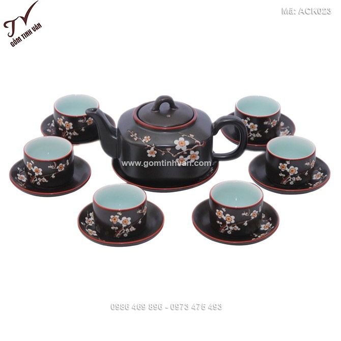 Bộ ấm chén dáng chữ nhật khắc hoa mai - ACK023