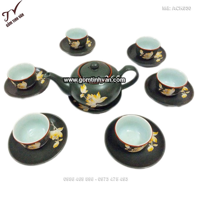 Bộ ấm chén màu xanh lục khắc hoa sen - ACK030