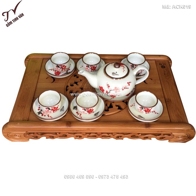 Bộ ấm chén men kem vẽ hoa đào đỏ - ACK019