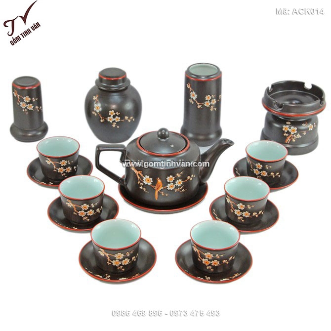Bộ ấm chén vai vuông khắc hoa mai đủ phụ kiện - ACK003