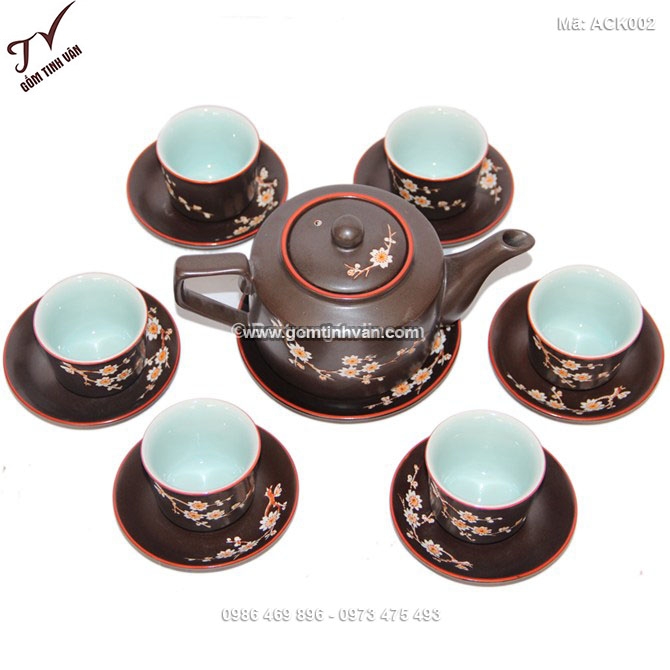 Bộ ấm chén vai vuông khắc hoa mai trắng - ACK002