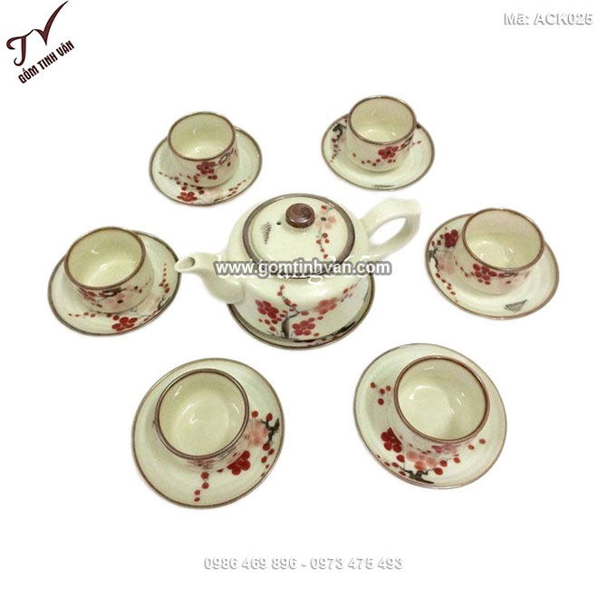 Bộ ấm chén vai vuông men ngà vẽ hoa đào - ACK025