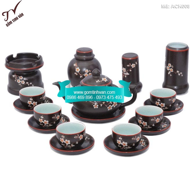 Bộ ấm chén kim quy khắc hoa mai đủ phụ kiện - ACK008