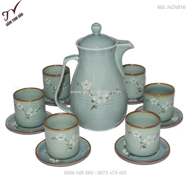 Bộ ấm chén xanh vẽ hoa anh đào trắng - ACK018